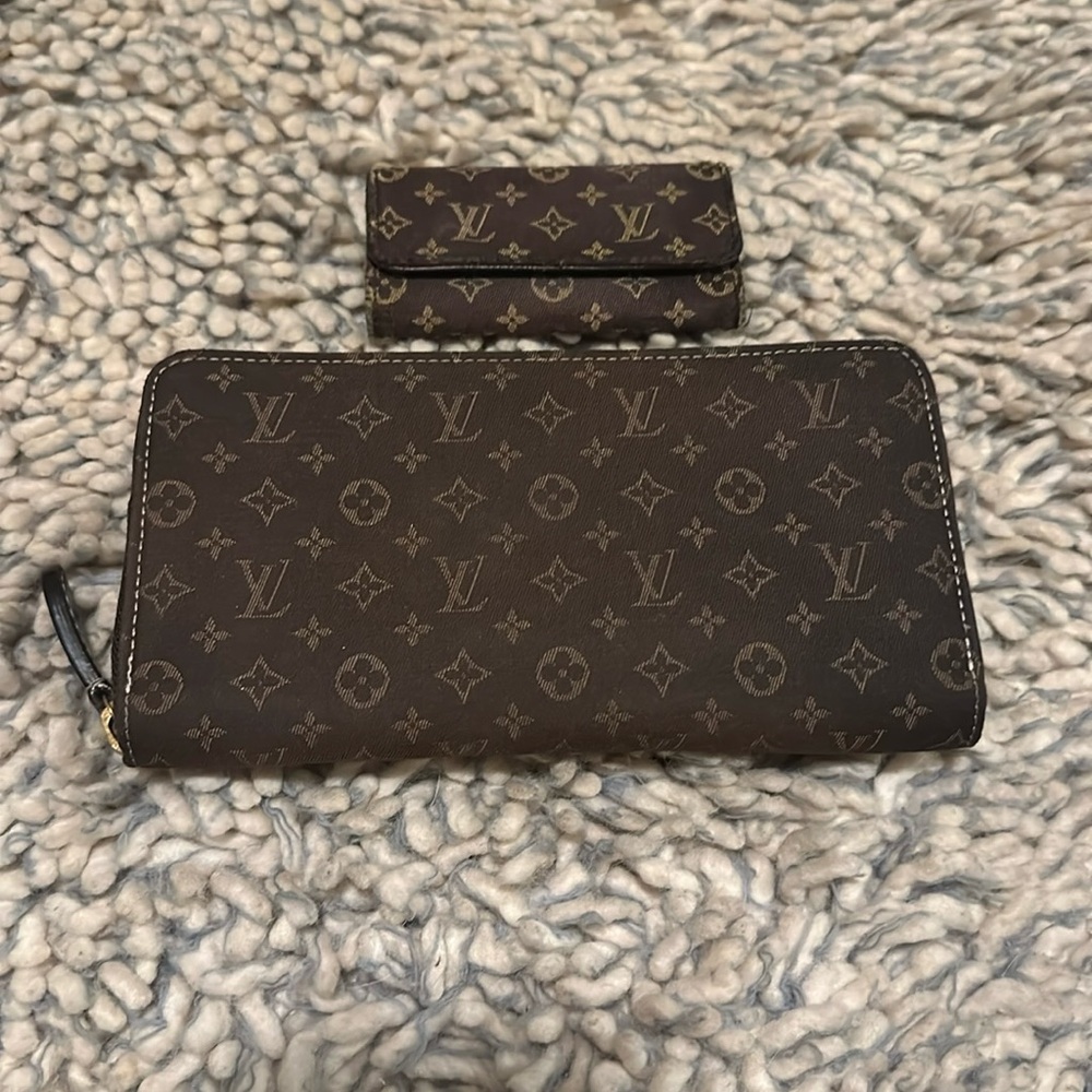LOUIS VUITTON Brown Denim Min Lin Zippy Wallet & Key clas with Leather Interior